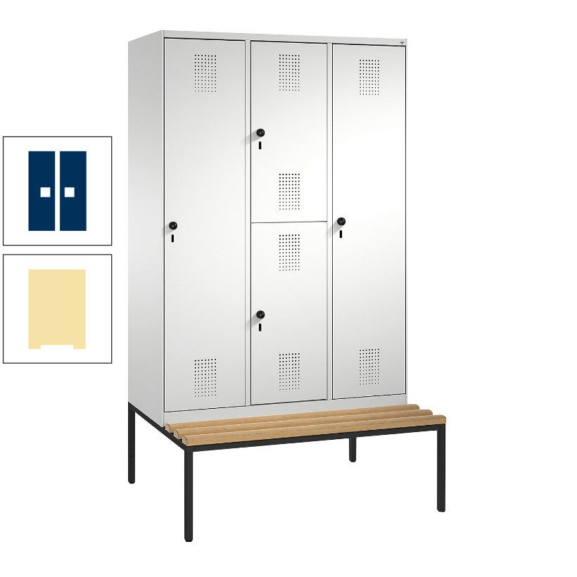 Garderobenschrank, Spind ein- und doppelstöckig Sitzbank, 3 Abteile, 4 Fächer, 2.090x1.200x500 mm (HxBxT), Front anthrazitgrau, Korpus anthrazitgrau