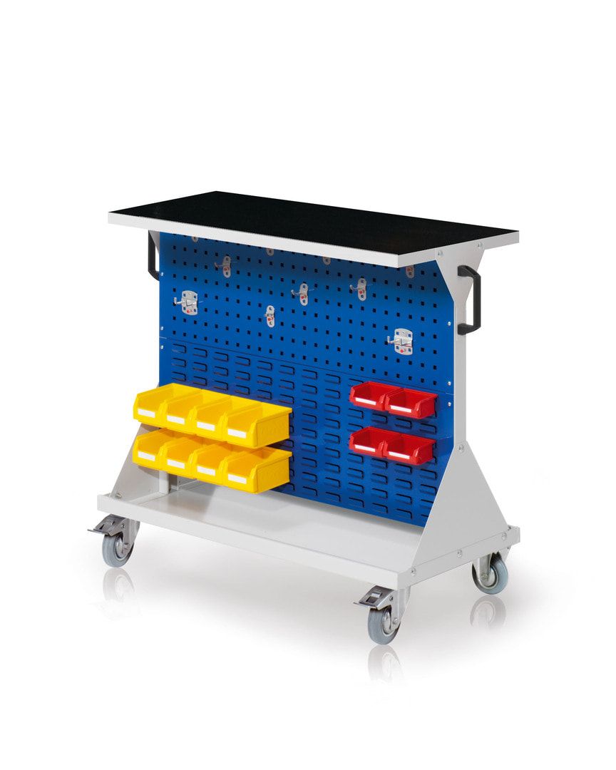 Mobiler Rollwagen, 2 Loch- und 2 Schlitzplatten, 10 Halter, 12 Sichtlagerkästen, Ablage mit Gummi, 930 x 1.000 x 500 mm (HxBxT), Anthrazitgrau
