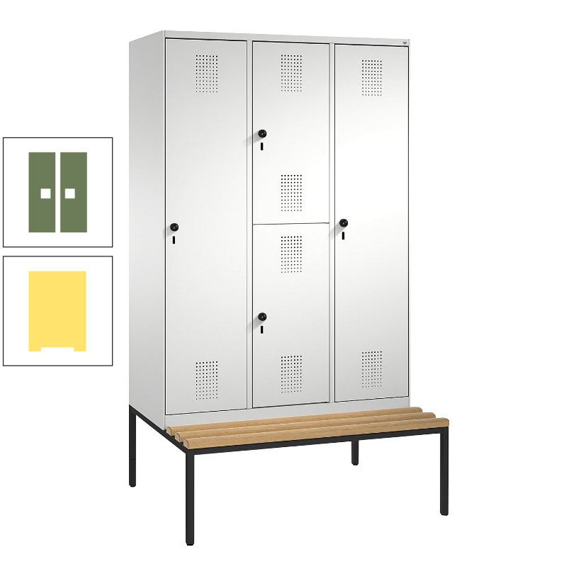Garderobenschrank, Spind ein- und doppelstöckig Sitzbank, 3 Abteile, 4 Fächer, 2.090x1.200x500 mm (HxBxT), Front anthrazitgrau, Korpus anthrazitgrau