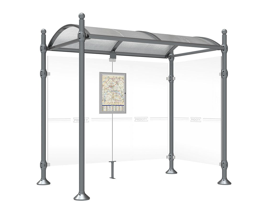 Buswartehalle, Unterstand, 2 Seitenwände, Kopf gebürsteter Edelstahl, ESG, Fahrplanschaukasten, 2.500 x 2.500 x 1.600 mm (HxBxT), Farbe enzianblau