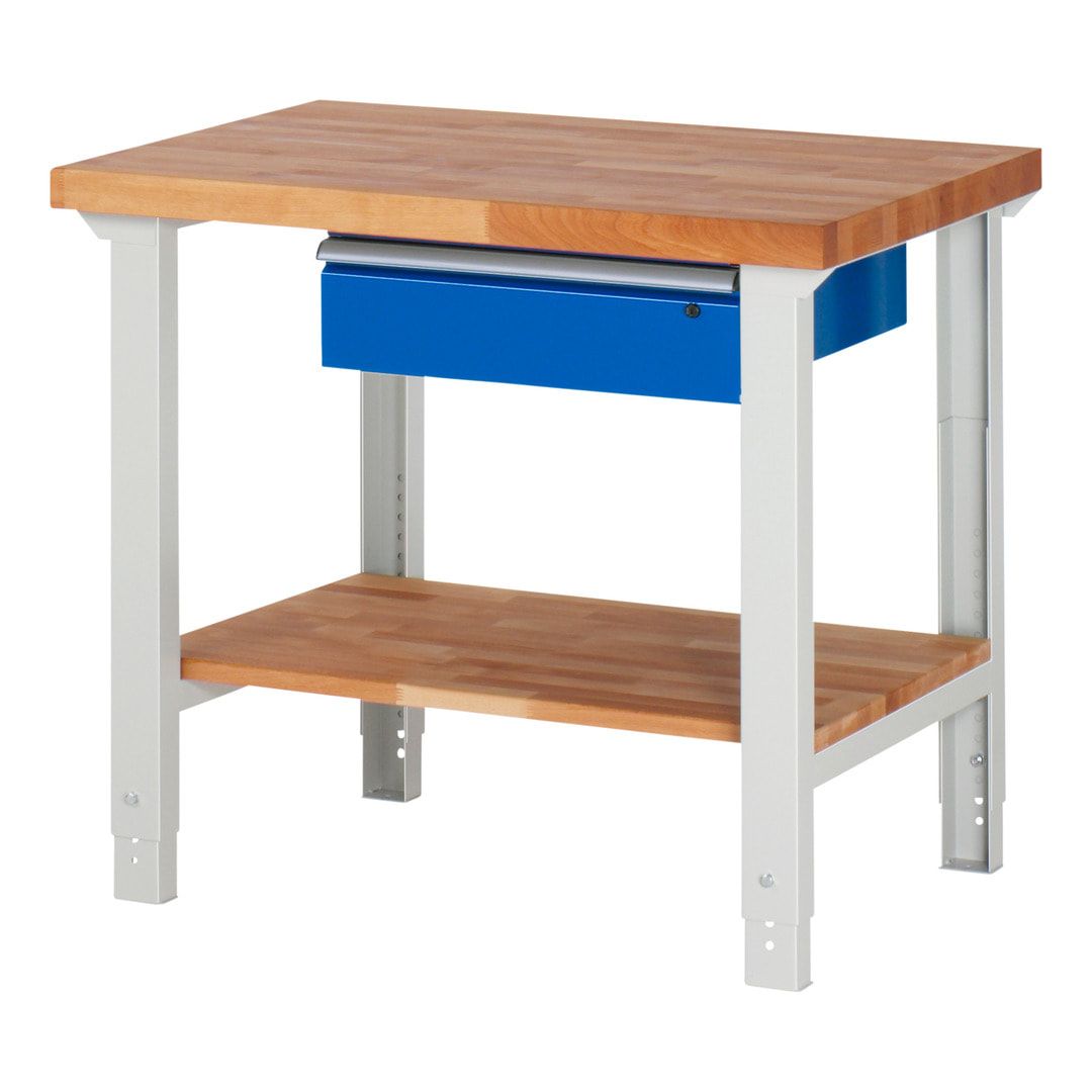 Werkbank mit Ablage - 1 Schublade - 150:1 - höhenverstellbar 790 - 1.140 mm - 1.000 x 700 mm (BxT) - 750 kg - Buche - Anthrazitgrau