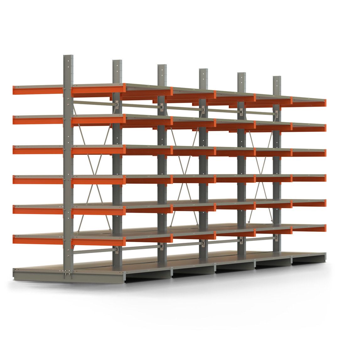 Doppelseitiges Kragarmregal mit Fachböden, 2 Felder, 3.000 x 2.560 (HxB), Nutztiefe 1.000 mm, Kragarmlast 450 kg, KARL basic, silbergrau/reinorange