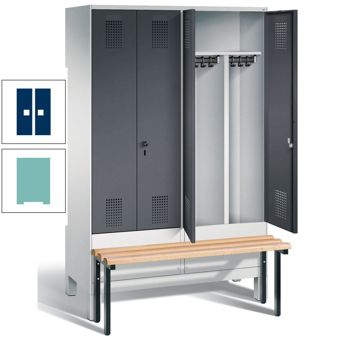 Doppel-Spind, Garderobenschrank, Buche Sitzbank vorgebaut, 4 Abteile a 300 mm, Korpus feuerrot, Tür Wasserblau, 1.850 x 1.200 x 815 mm (HxBxT)