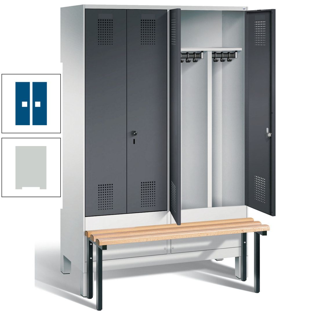 Doppel-Spind, Garderobenschrank, Buche Sitzbank vorgebaut, 4 Abteile a 300 mm, Korpus feuerrot, Tür Wasserblau, 1.850 x 1.200 x 815 mm (HxBxT)