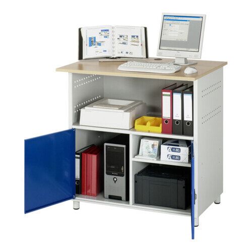 PC-Tisch, Buche-Dekor, stationär, 3-er Steckdose, Flügeltüren, Mitteltrennwand, Standfüße, Doppellochraster, Schloss - Anthrazitgrau