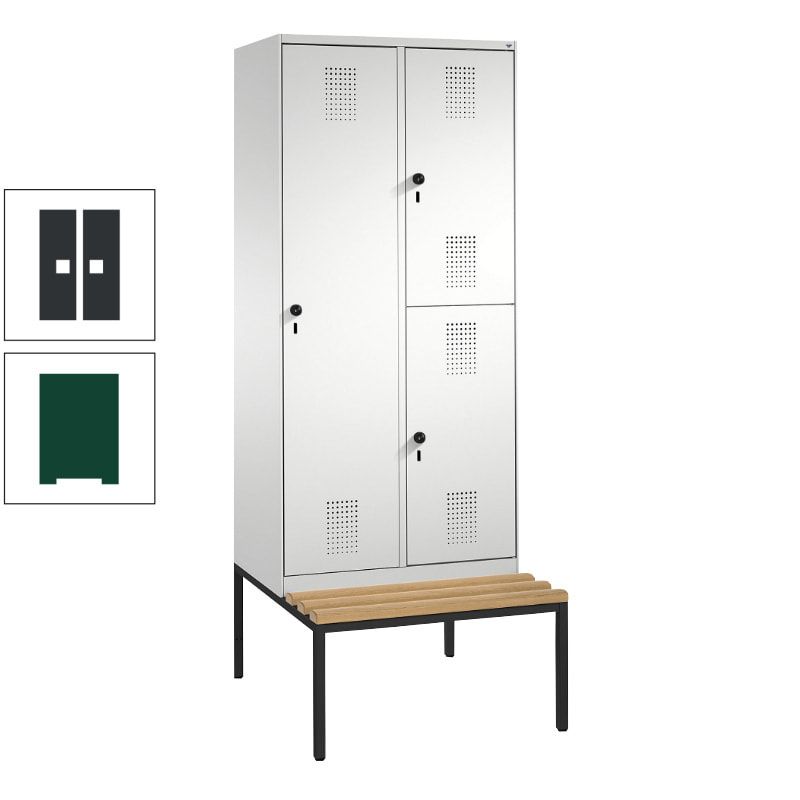 Garderobenschrank, Spind ein- und doppelstöckig Sitzbank, 2 Abteile, 3 Fächer, 2.090 x 800 x 500 mm (HxBxT), Front anthrazitgrau, Korpus anthrazitgrau