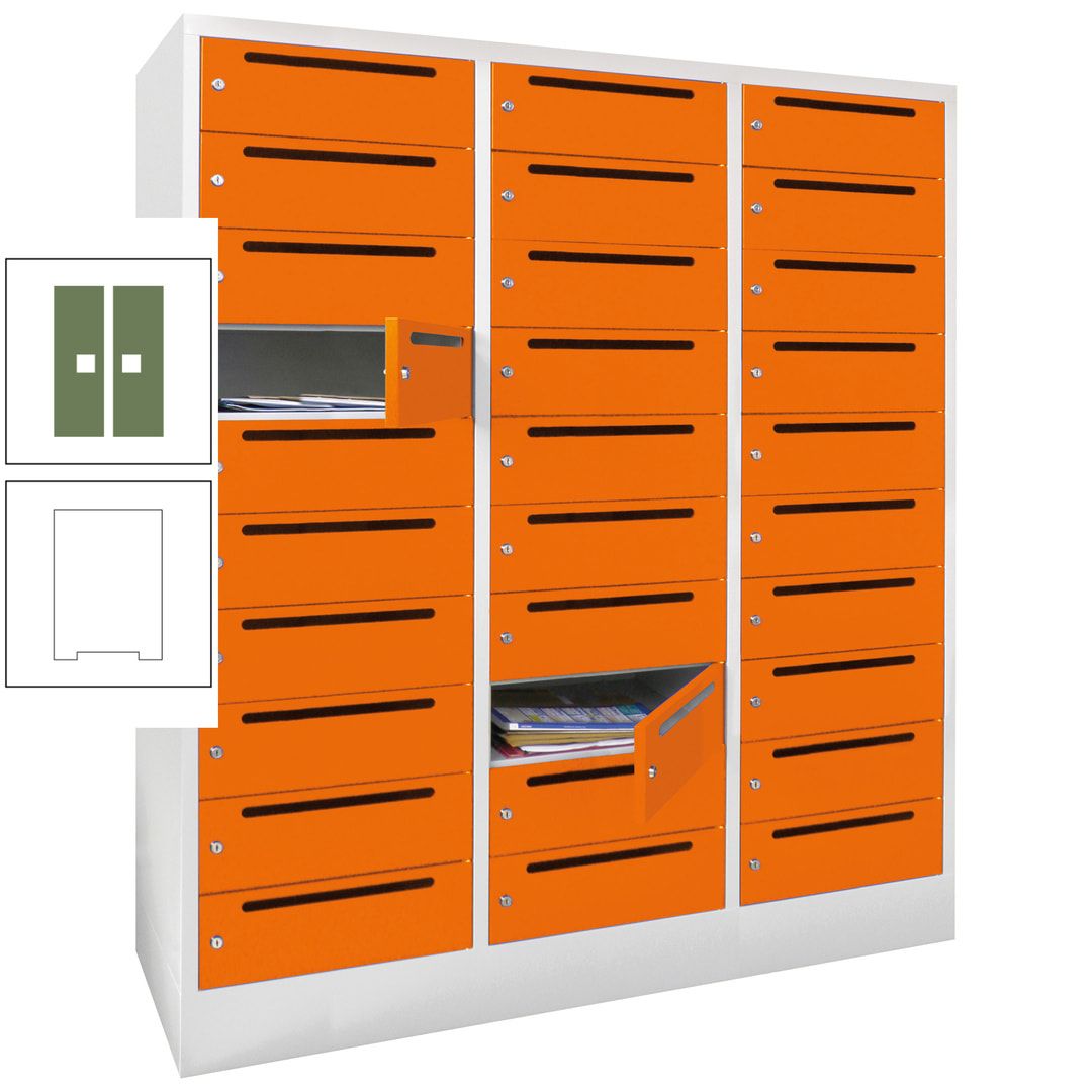 Postverteilerschrank, Schließfachschrank, 3 Abteile a 40 cm, 30 Fächer, 1.850 x 1.200 x 500 mm (HxBxT), Korpus anthrazitgrau, Front anthrazitgrau