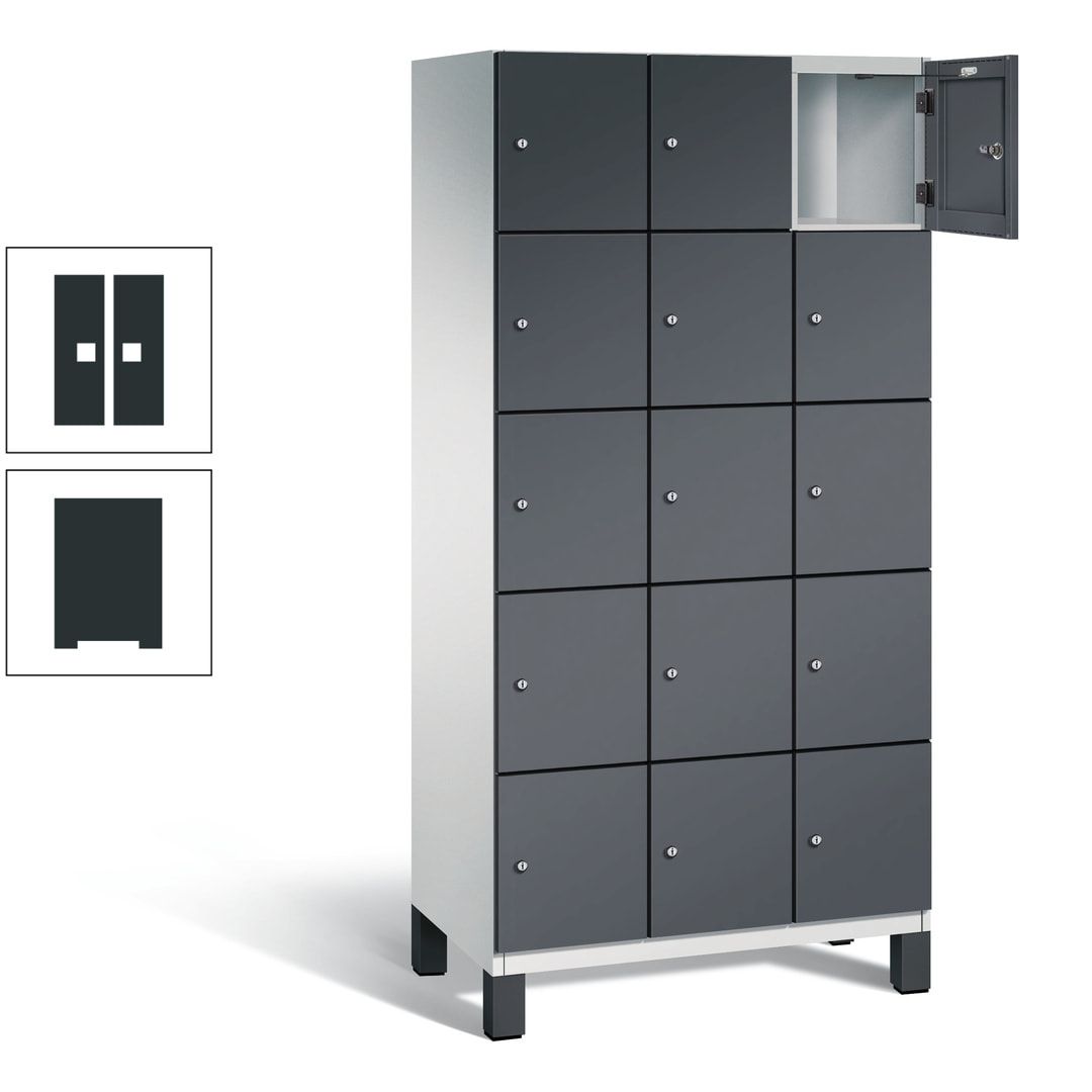 Fächerschrank, Stahlschrank, 15 Fächer, Türöffnungsbegrenzer, Füße, 1.980 x 900 x 525 mm (HxBxT), Korpus anthrazitgrau, Front anthrazitgrau