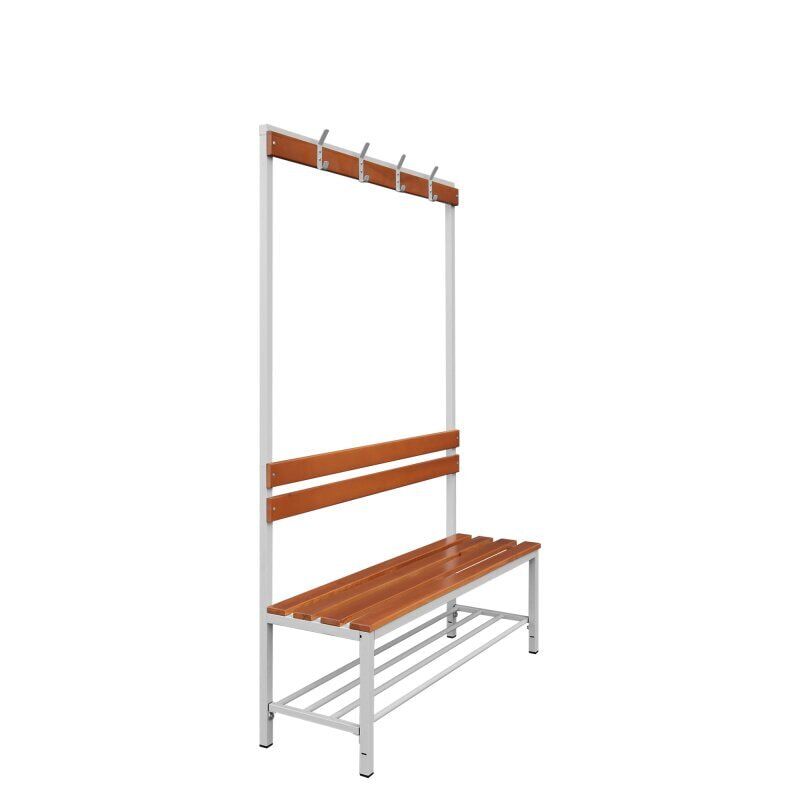 Umkleidebank, Umkleide-Sitzbank, Schuhrost, Haken, Breite 1.200 mm, Sitzhöhe 400 mm, Stahl mit Holzleisten, Gestell: lichtgrau, Sitzleisten: Buche