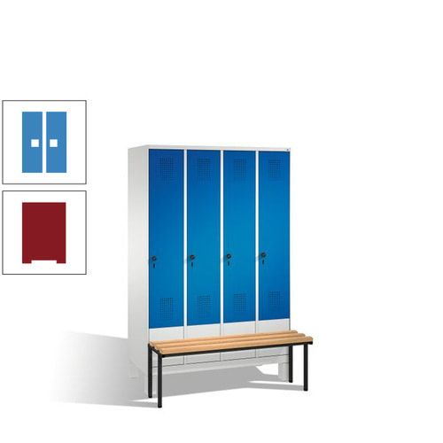 Stahl-Garderobenschrank, Spind, Buche Sitzbank vorgebaut, 4 Abteile a 300 mm, Korpus Lichtgrün, Tür Schwefelgelb, 1.850 x 1.200 x 815 mm (HxBxT)