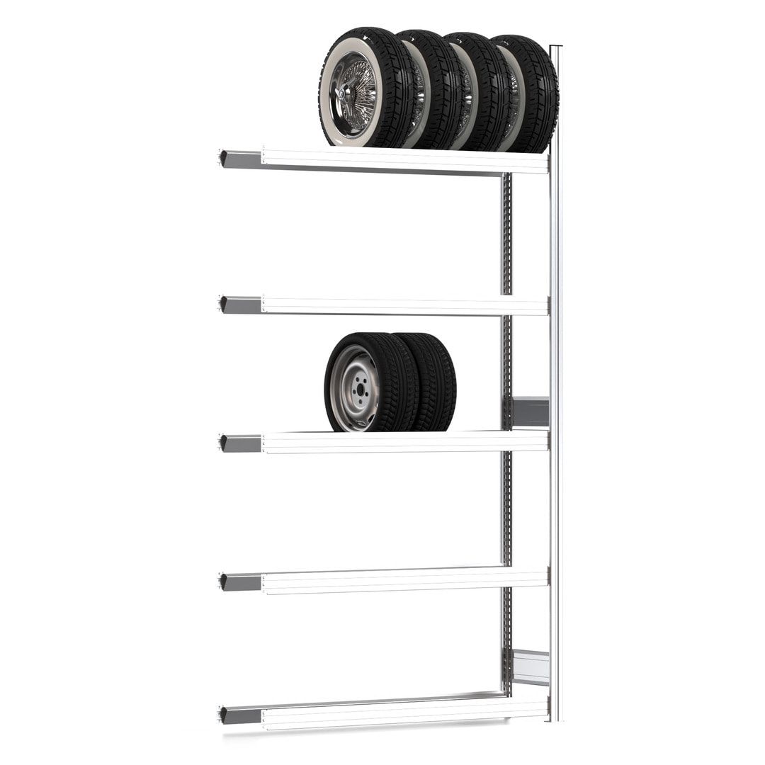 Felgenregal mit Tiefenriegel - 250 kg - 2.500 x 1.285 x 300 mm (HxBxT) - 5 Ebenen - Anbauregal - Steckregal BERT