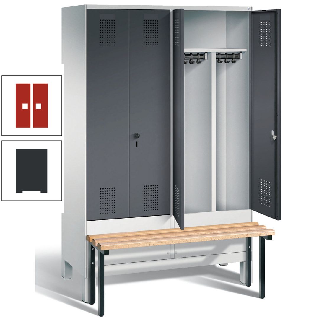 Doppel-Spind, Garderobenschrank, Buche Sitzbank vorgebaut, 4 Abteile a 300 mm, Korpus feuerrot, Tür Wasserblau, 1.850 x 1.200 x 815 mm (HxBxT)