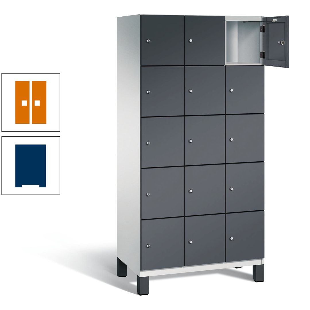 Fächerschrank, Stahlschrank, 15 Fächer, Türöffnungsbegrenzer, Füße, 1.980 x 900 x 525 mm (HxBxT), Korpus anthrazitgrau, Front anthrazitgrau
