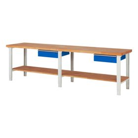 Werkbank mit Ablage - 2 Schubladen - 150:2 - höhenverstellbar 790 - 1.140 mm - 3.000 x 700 mm (BxT) - 750 kg - Buche - Farbe wählbar