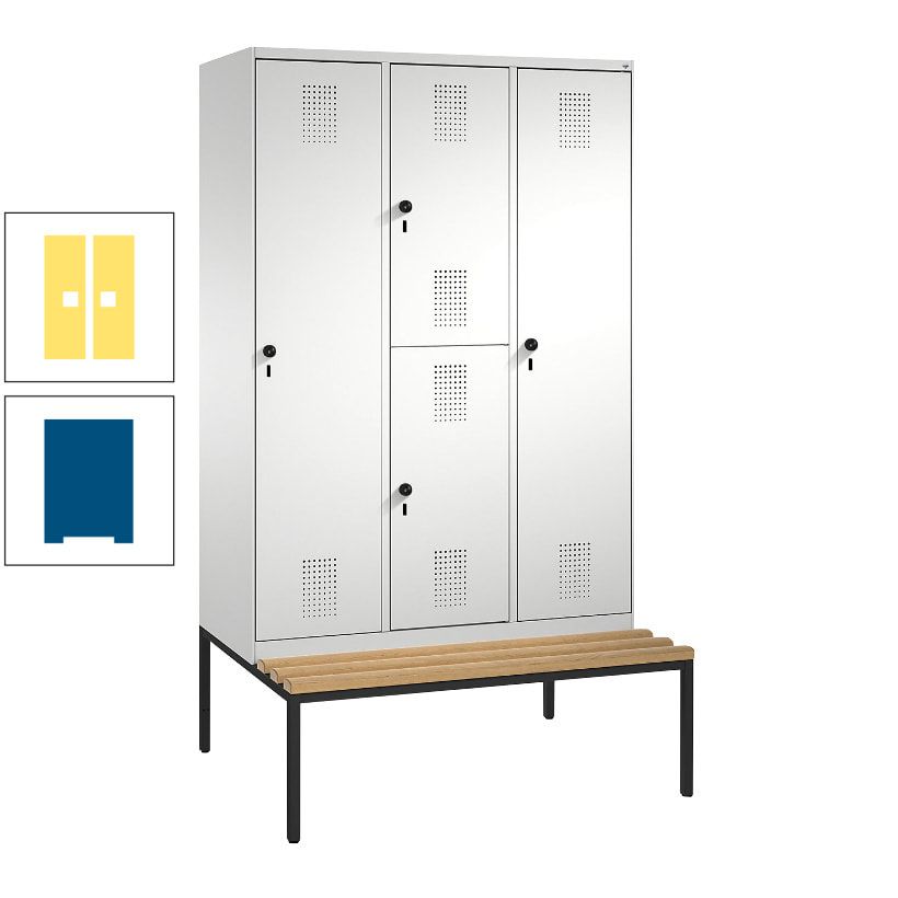 Garderobenschrank, Spind ein- und doppelstöckig Sitzbank, 3 Abteile, 4 Fächer, 2.090x1.200x500 mm (HxBxT), Front anthrazitgrau, Korpus anthrazitgrau