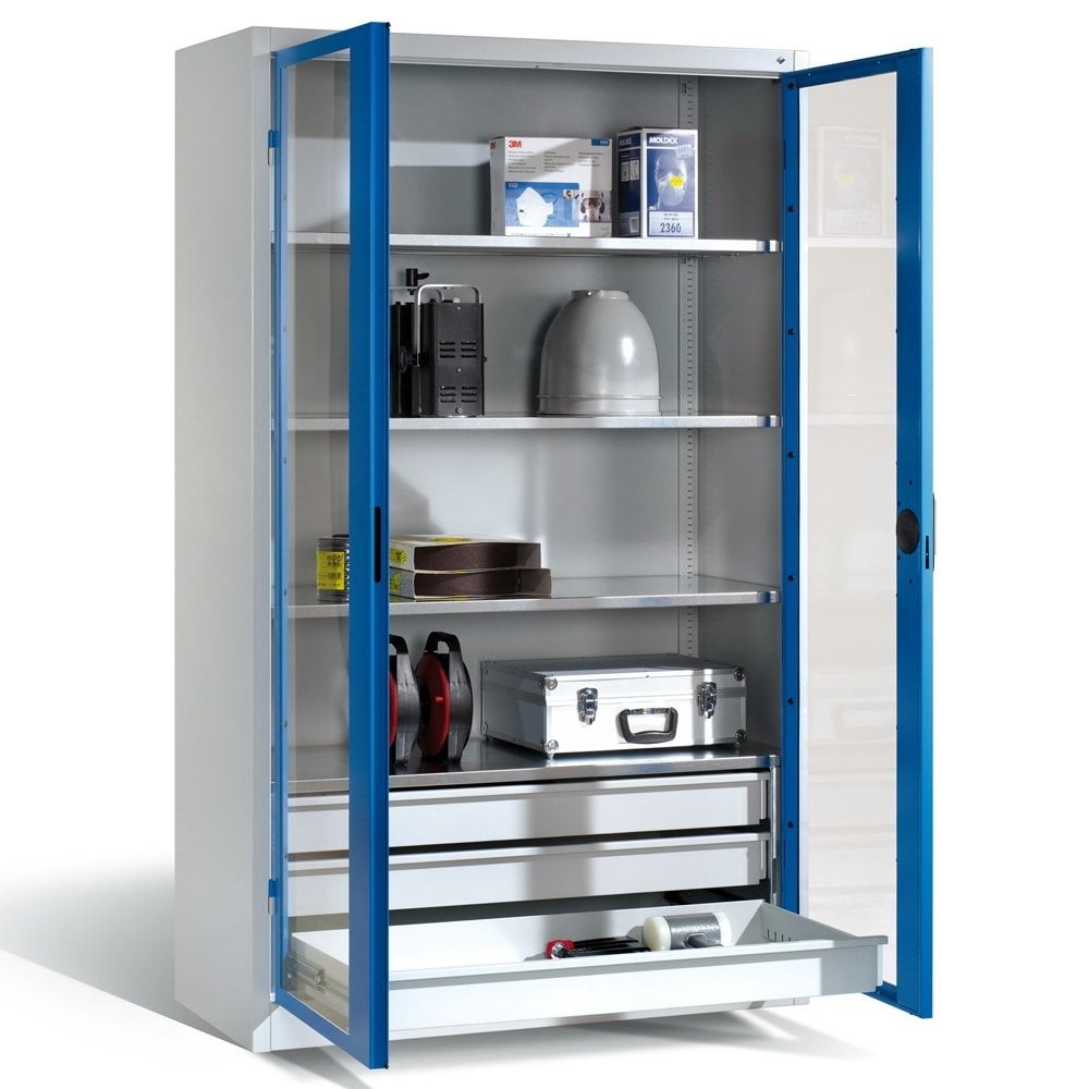 C+P Großraum Werkzeugschrank, Sichtfenstertüren, 4 Fachböden, 3 Schubladen unten, Farbe lichtgrau, 1.950 x 930 x 500 (HxBxT)