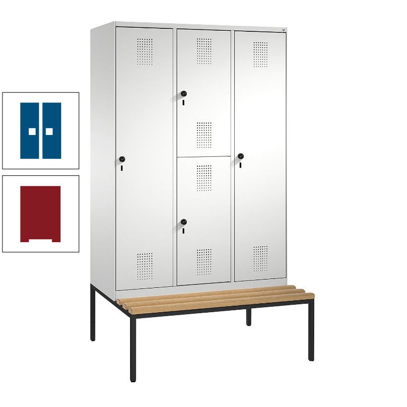 Garderobenschrank, Spind ein- und doppelstöckig Sitzbank, 3 Abteile, 4 Fächer, 2.090x1.200x500 mm (HxBxT), Front anthrazitgrau, Korpus anthrazitgrau