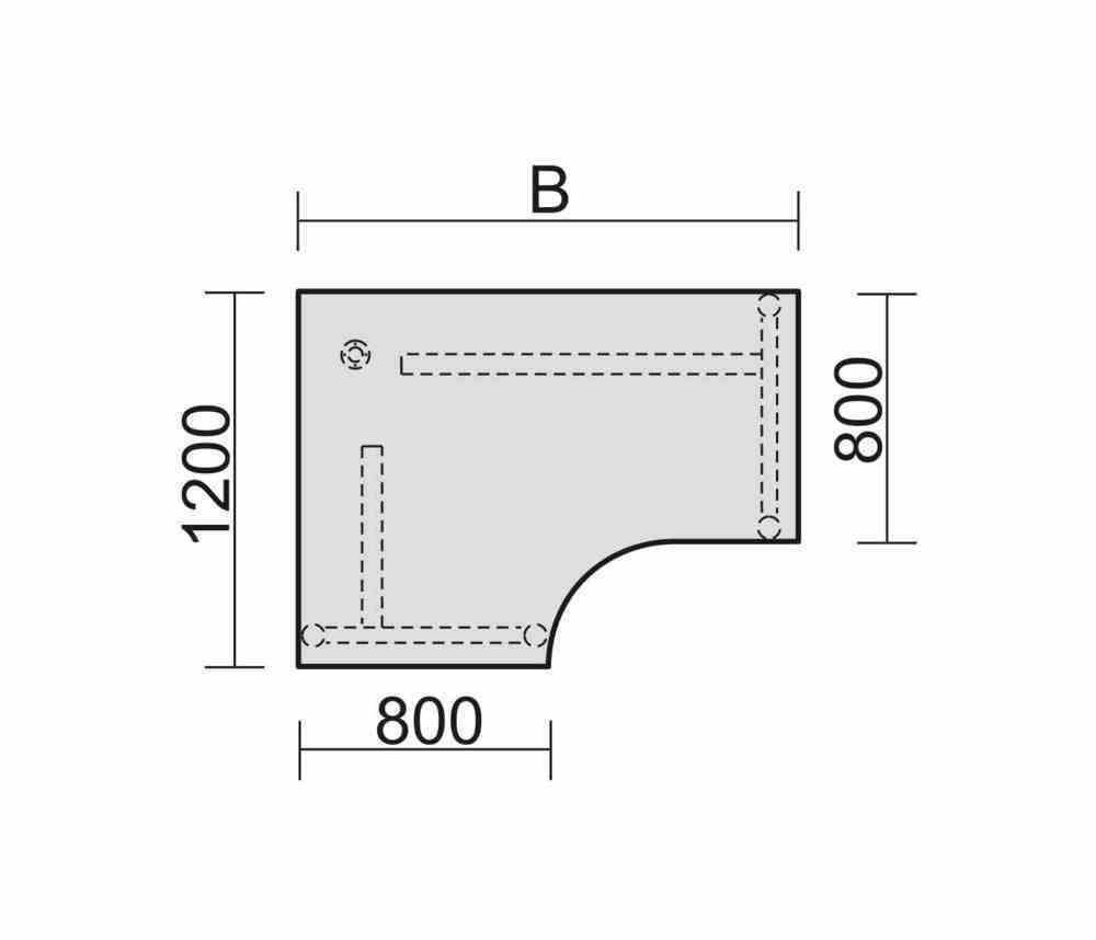 Eckschreibtisch, Eckteil 800 mm, links, Füße einseitig verkürzt, 4-Fuß Pro, höhenverstellbar, 680-800 x 1.600 x 1.200 mm (HxBxT), Dekor Ahorn
