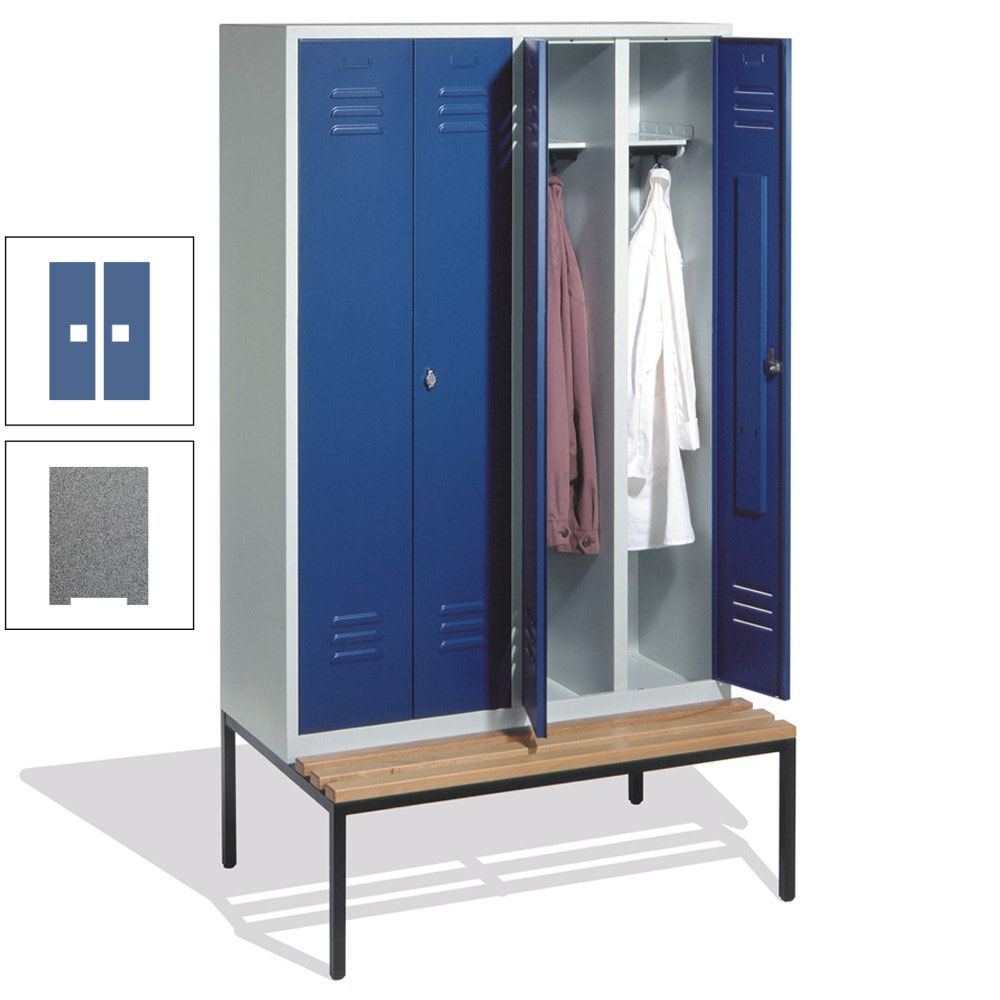 Doppel-Spindschrank, Buche Sitzbank untergebaut, 4 Abteile a 300 mm, Korpus lichtgrau, Tür anthrazitgrau, 2.090 x 1.190 x 815 mm (HxBxT)