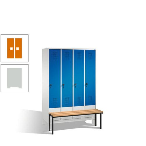 Stahl-Garderobenschrank, Spind, Buche Sitzbank vorgebaut, 4 Abteile a 300 mm, Korpus Lichtgrün, Tür Schwefelgelb, 1.850 x 1.200 x 815 mm (HxBxT)