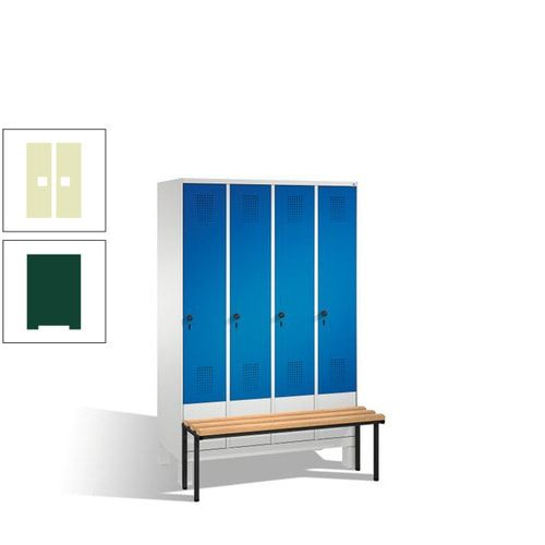 Stahl-Garderobenschrank, Spind, Buche Sitzbank vorgebaut, 4 Abteile a 300 mm, Korpus Lichtgrün, Tür Schwefelgelb, 1.850 x 1.200 x 815 mm (HxBxT)