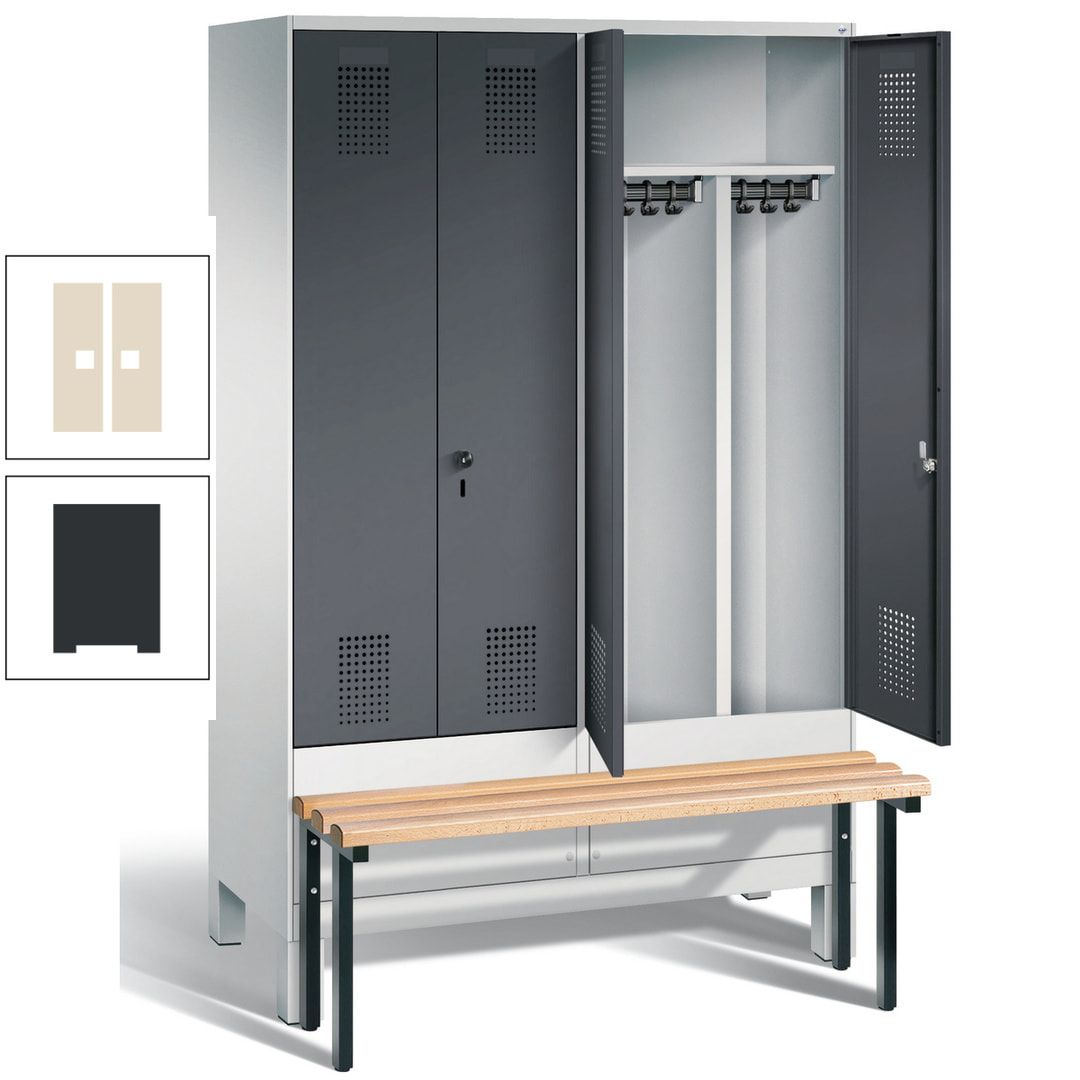 Doppel-Spind, Garderobenschrank, Buche Sitzbank vorgebaut, 4 Abteile a 300 mm, Korpus feuerrot, Tür Wasserblau, 1.850 x 1.200 x 815 mm (HxBxT)