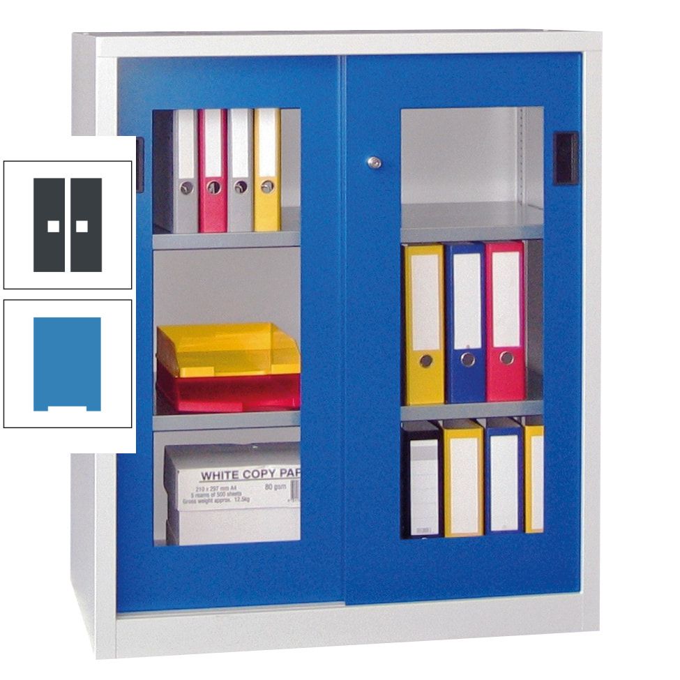 Schiebetürenschrank - Sichtfenstertüren - 1.000x1.000x400 mm (HxBxT) - 2 Böden, gepulvert - Zylinderschloss - anthrazitgrau