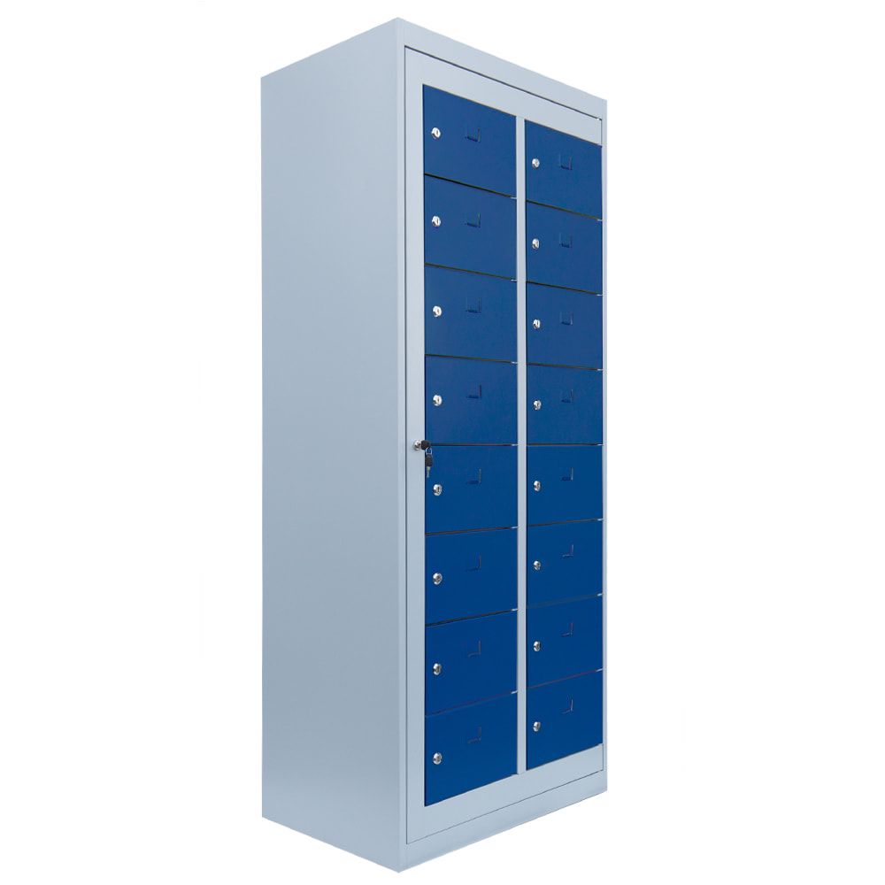 Verteilerschrank, Ausgabeschrank, Fächerschrank, Zentraltür, 2 Abteile, 16 Fächer, 1.800 x 740 x 500 mm (HxBxT), Korpus lichtgrau, Front enzianblau