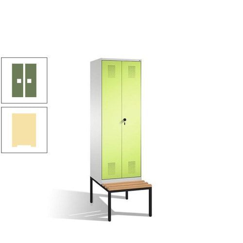 Doppel-Spind, Garderobenschrank, Buche Sitzbank untergebaut, 2 Abteile a 300 mm, Korpus anthrazitgrau, Tür anthrazitgrau, 2.090 x 600 x 815 mm (HxBxT)