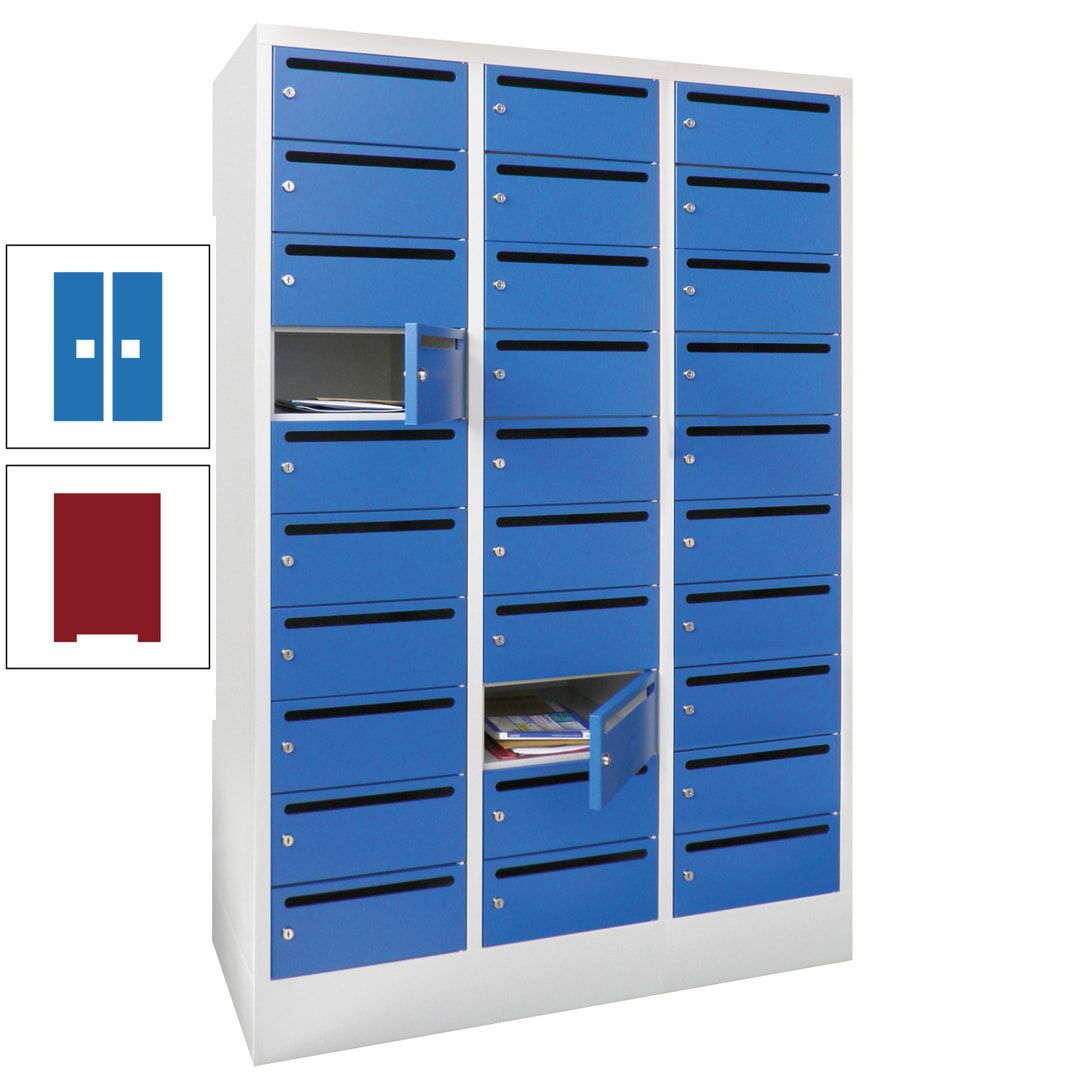 Postverteilerschrank, Schließfachschrank, 3 Abteile a 300 mm, 30 Fächer, 1.850 x 900 x 500 mm (HxBxT), Korpus anthrazitgrau, Front anthrazitgrau