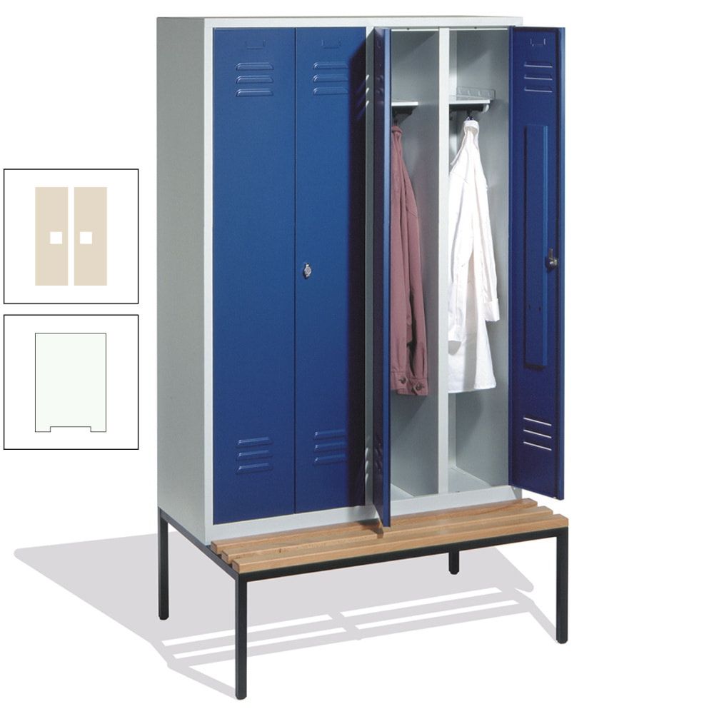 Doppel-Spindschrank, Buche Sitzbank untergebaut, 4 Abteile a 300 mm, Korpus lichtgrau, Tür anthrazitgrau, 2.090 x 1.190 x 815 mm (HxBxT)