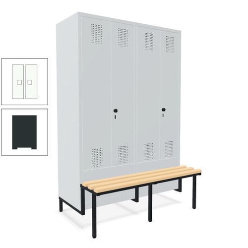 Doppel-Spind, Garderobenschrank, Buche Sitzbank integriert, 4 Abteile 300 mm, Korpus anthrazitgrau, Tür anthrazitgrau, 1.850 x 1.200 x 815 mm (HxBxT)