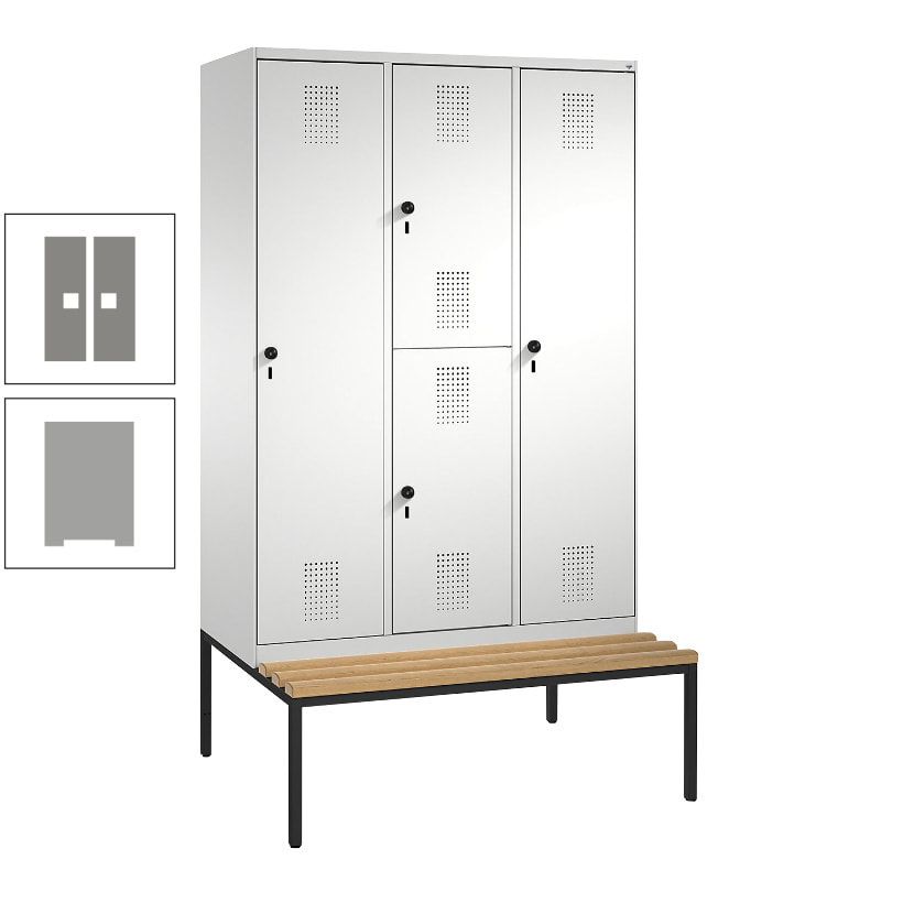 Garderobenschrank, Spind ein- und doppelstöckig Sitzbank, 3 Abteile, 4 Fächer, 2.090x1.200x500 mm (HxBxT), Front anthrazitgrau, Korpus anthrazitgrau