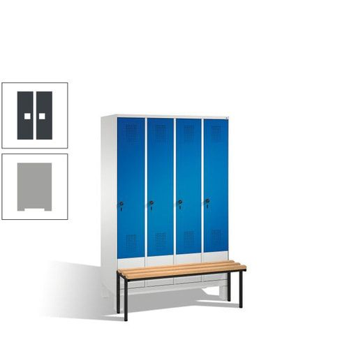 Stahl-Garderobenschrank, Spind, Buche Sitzbank vorgebaut, 4 Abteile a 300 mm, Korpus Lichtgrün, Tür Schwefelgelb, 1.850 x 1.200 x 815 mm (HxBxT)