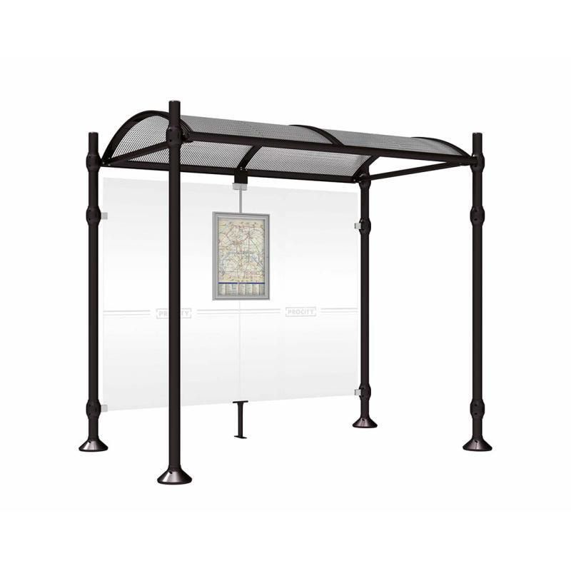 Buswartehalle, Unterstand, 2.500 x 2.500 x 1.600 mm (HxBxT), Kopfmodell Agora, ESG, Fahrplanschaukasten, Farbe enzianblau