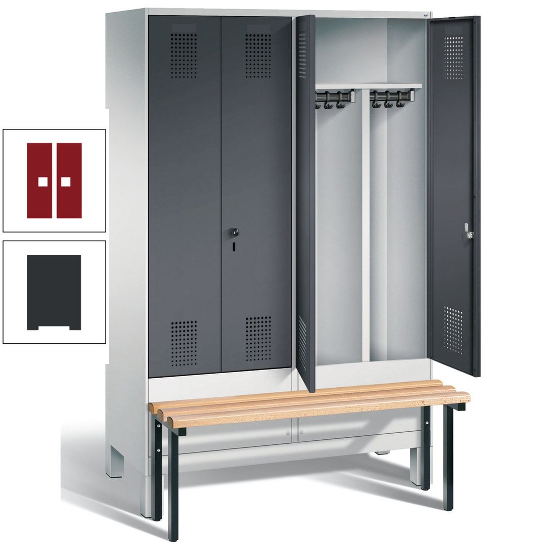 Doppel-Spind, Garderobenschrank, Buche Sitzbank vorgebaut, 4 Abteile a 300 mm, Korpus feuerrot, Tür Wasserblau, 1.850 x 1.200 x 815 mm (HxBxT)