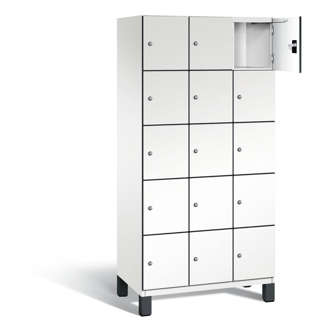 Fächerschrank, Stahlschrank, 15 Fächer, Türöffnungsbegrenzer, Füße, 1.980 x 900 x 525 mm, Korpus anthrazitgrau, Dekorfront HPL Donau-Ahorn