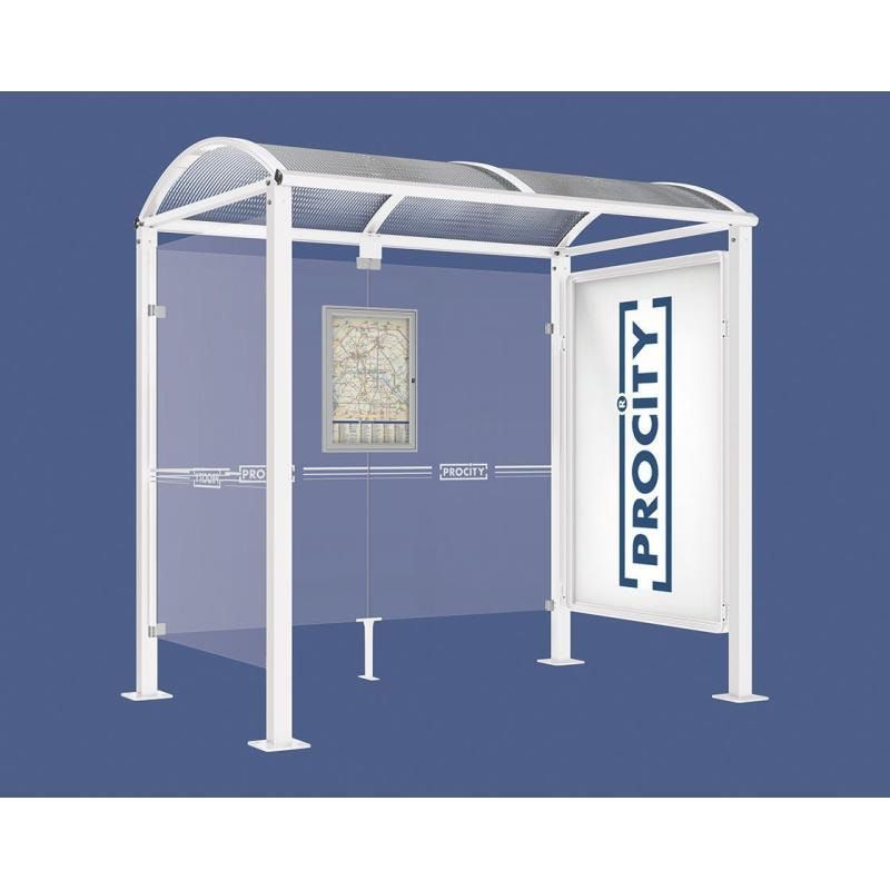 Buswartehalle, Unterstand, 1 Seitenwand, Schaukasten, feuerverzinkt, 2.500 x 2.500 x 1.600 mm (HxBxT), ESG, Fahrplanschaukasten, Farbe enzianblau