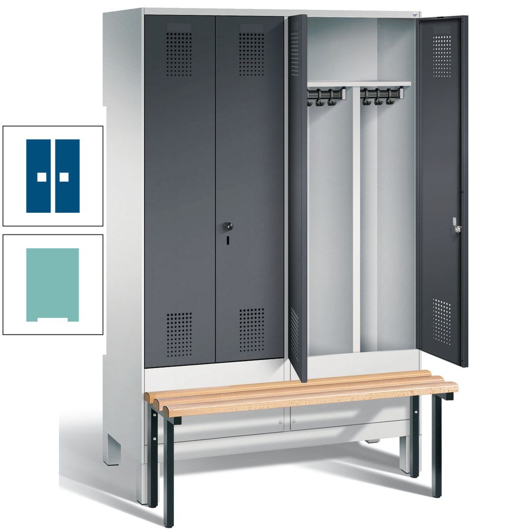 Doppel-Spind, Garderobenschrank, Buche Sitzbank vorgebaut, 4 Abteile a 300 mm, Korpus feuerrot, Tür Wasserblau, 1.850 x 1.200 x 815 mm (HxBxT)