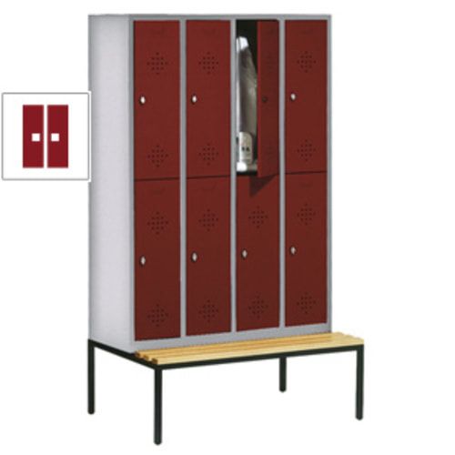 Garderobenschrank, Spind, 4 Abteile 8 Fächer, 2.090 x 1.190 x 815 mm (HxBxT), Hartholz Sitzbank untergebaut, Korpus lichtgrau, Türen anthrazitgrau