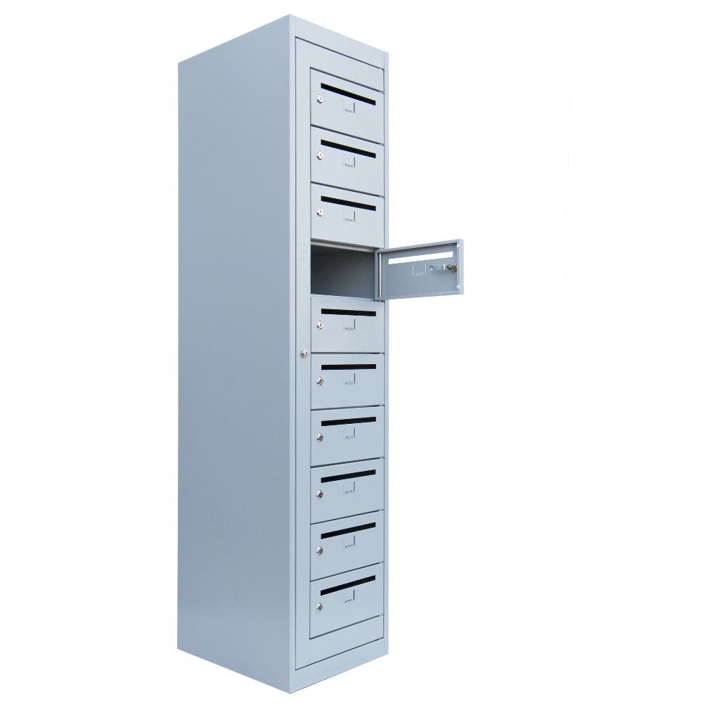 Postverteilerschrank, Ausgabeschrank, Fächerschrank, Zentraltür, 1 Abteil, 10 Fächer, 1.800 x 400 x 500 mm (HxBxT), Korpus lichtgrau, Front enzianblau