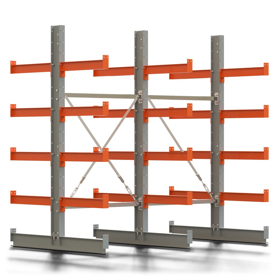 Doppelseitiges Kragarmregal, 2 Felder, 2.000 x 2.000 x 1.120 mm (HxBxT), Nutztiefe 500 mm, Kragarmlast 870 kg, KARL basic, silbergrau/reinorange