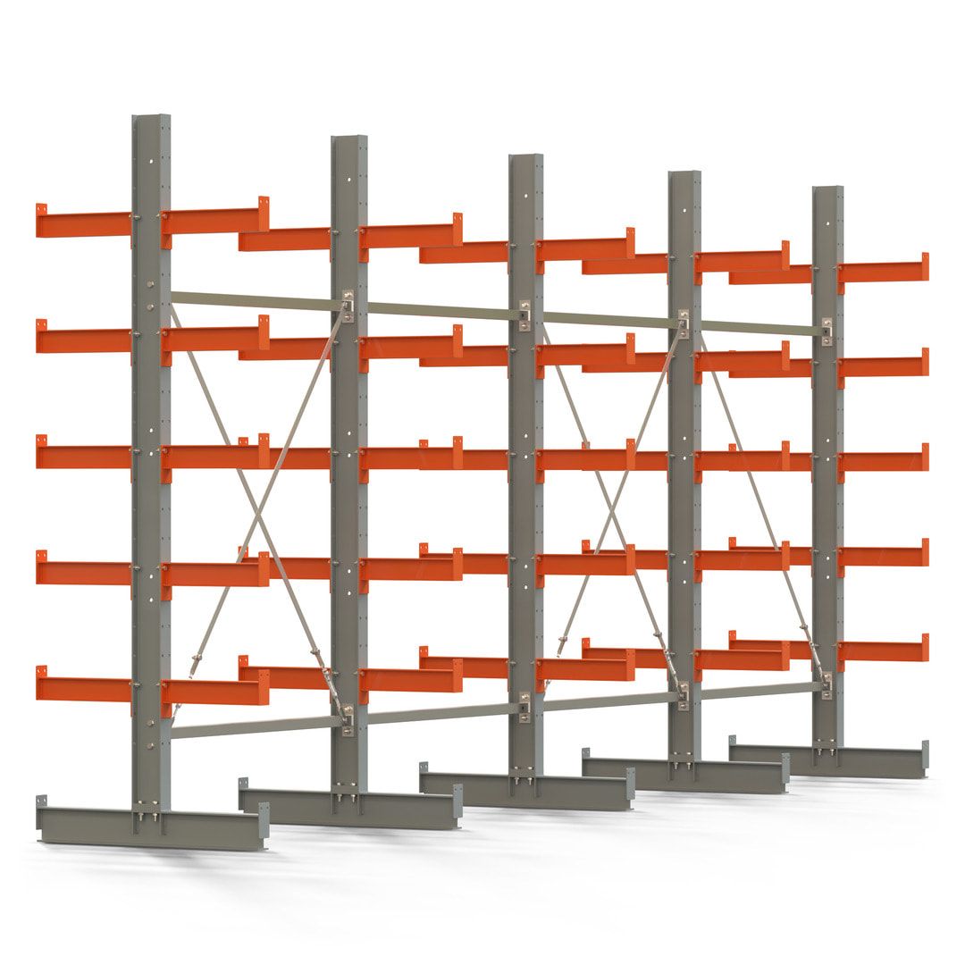 Doppelseitiges Kragarmregal, 2 Felder, 2.500 x 2.560 x 1.120 mm (HxBxT), Nutztiefe 500 mm, Kragarmlast 870 kg, KARL basic, silbergrau/reinorange