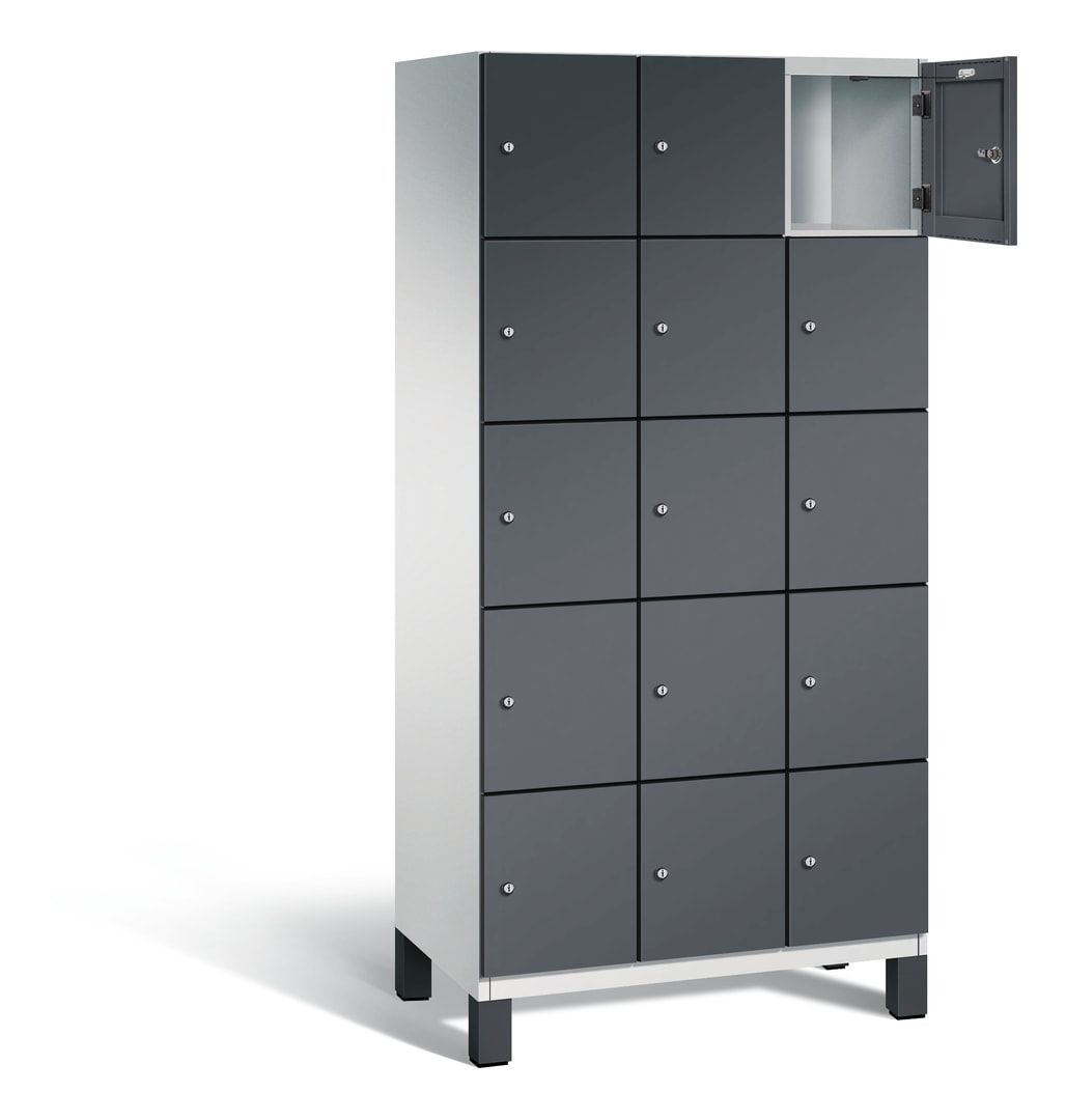 Fächerschrank, Stahlschrank, 15 Fächer, Türöffnungsbegrenzer, Füße, 1.980 x 900 x 525 mm (HxBxT), Korpus anthrazitgrau, Front anthrazitgrau