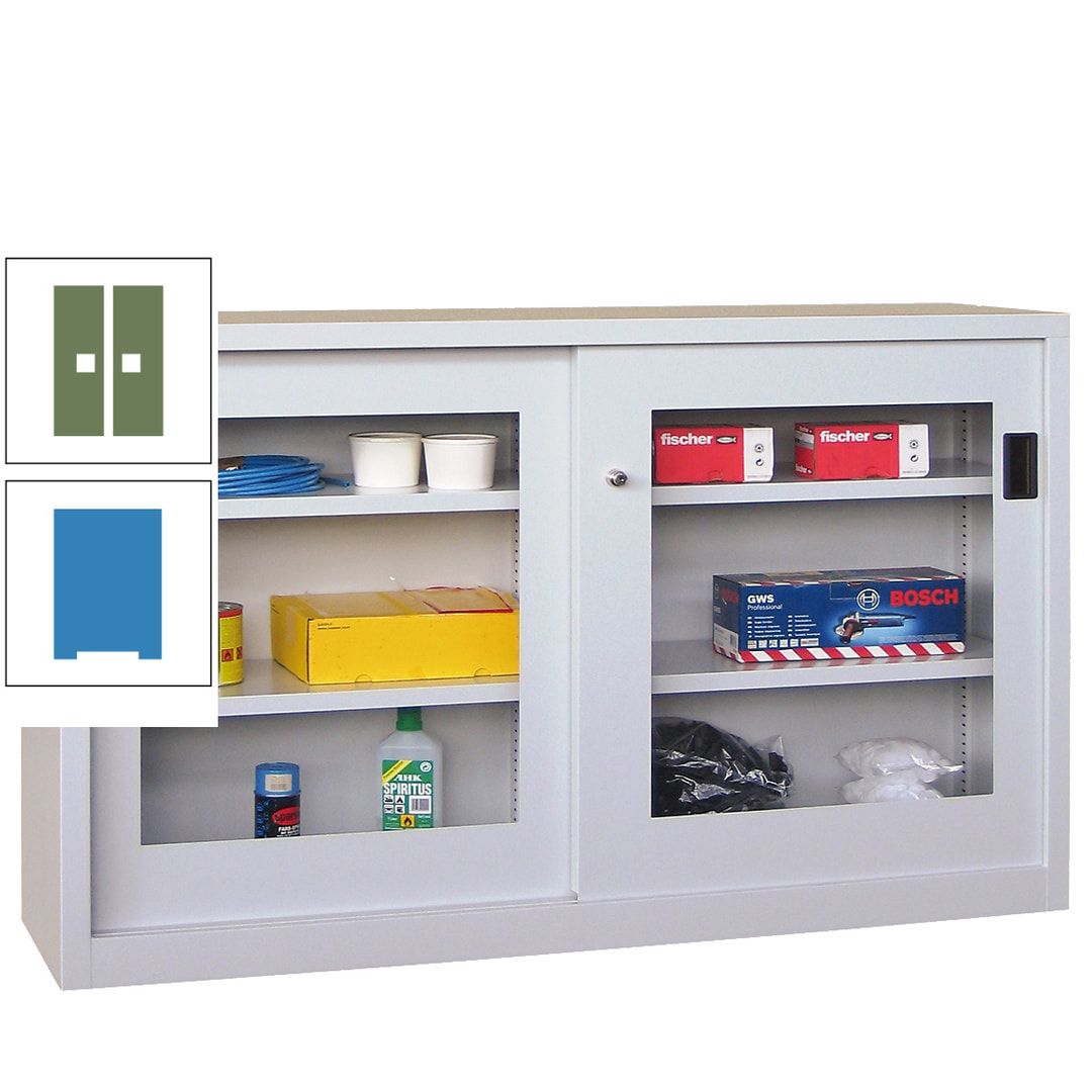 Schiebetürenschrank - Sichtfenstertüren - 1.000x1.500x600 mm (HxBxT) - 4 Böden, verzinkt - Zylinderschloss - anthrazitgrau