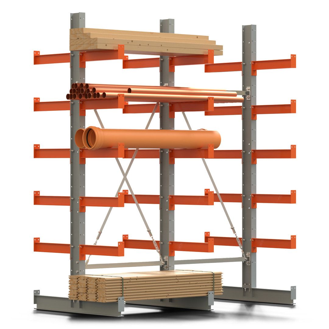 Doppelseitiges Kragarmregal, 2 Felder, 2.500 x 2.000 x 1.120 mm (HxBxT), Nutztiefe 500 mm, Kragarmlast 870 kg, KARL basic, silbergrau/reinorange