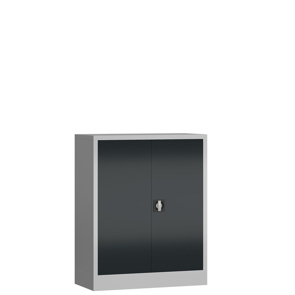 Aktenschrank, Büroschrank, abschließbar, Flügeltüren, 2 Fachböden, 1.200 x 920 x 420 mm (HxBxT), Stahl, Korpus und Türen lichtgrau