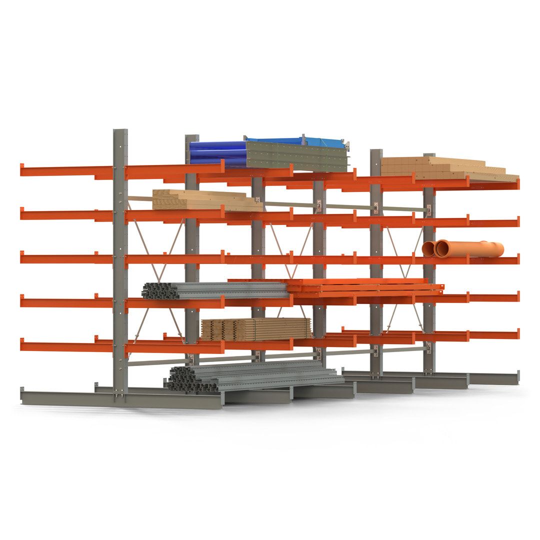 Doppelseitiges Kragarmregal, 2 Felder, 2.500 x 2.560 x 1.120 mm (HxBxT), Nutztiefe 500 mm, Kragarmlast 870 kg, KARL basic, silbergrau/reinorange