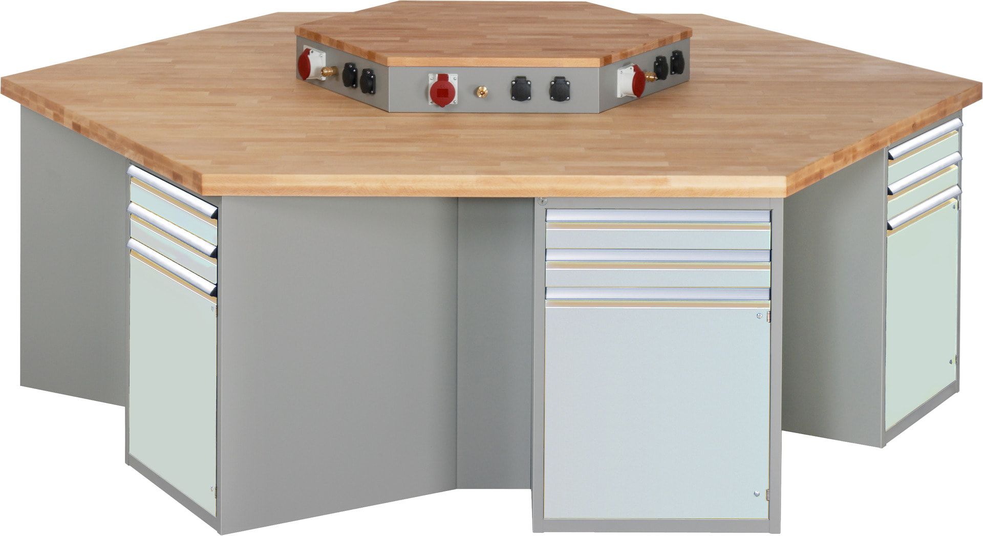Gruppenwerkbank, Buche, Höhe 840 mm, mit Energieaufsatz, Unterbau-Container, 2 Schubladen, 1 Tür, 1 Boden - Anthrazitgrau