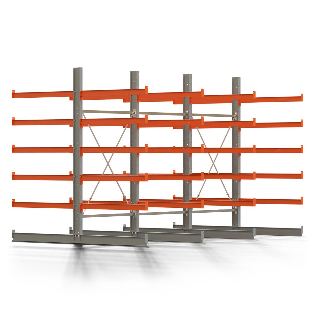 Doppelseitiges Kragarmregal, 2 Felder, 2.500 x 2.560 x 1.120 mm (HxBxT), Nutztiefe 500 mm, Kragarmlast 870 kg, KARL basic, silbergrau/reinorange